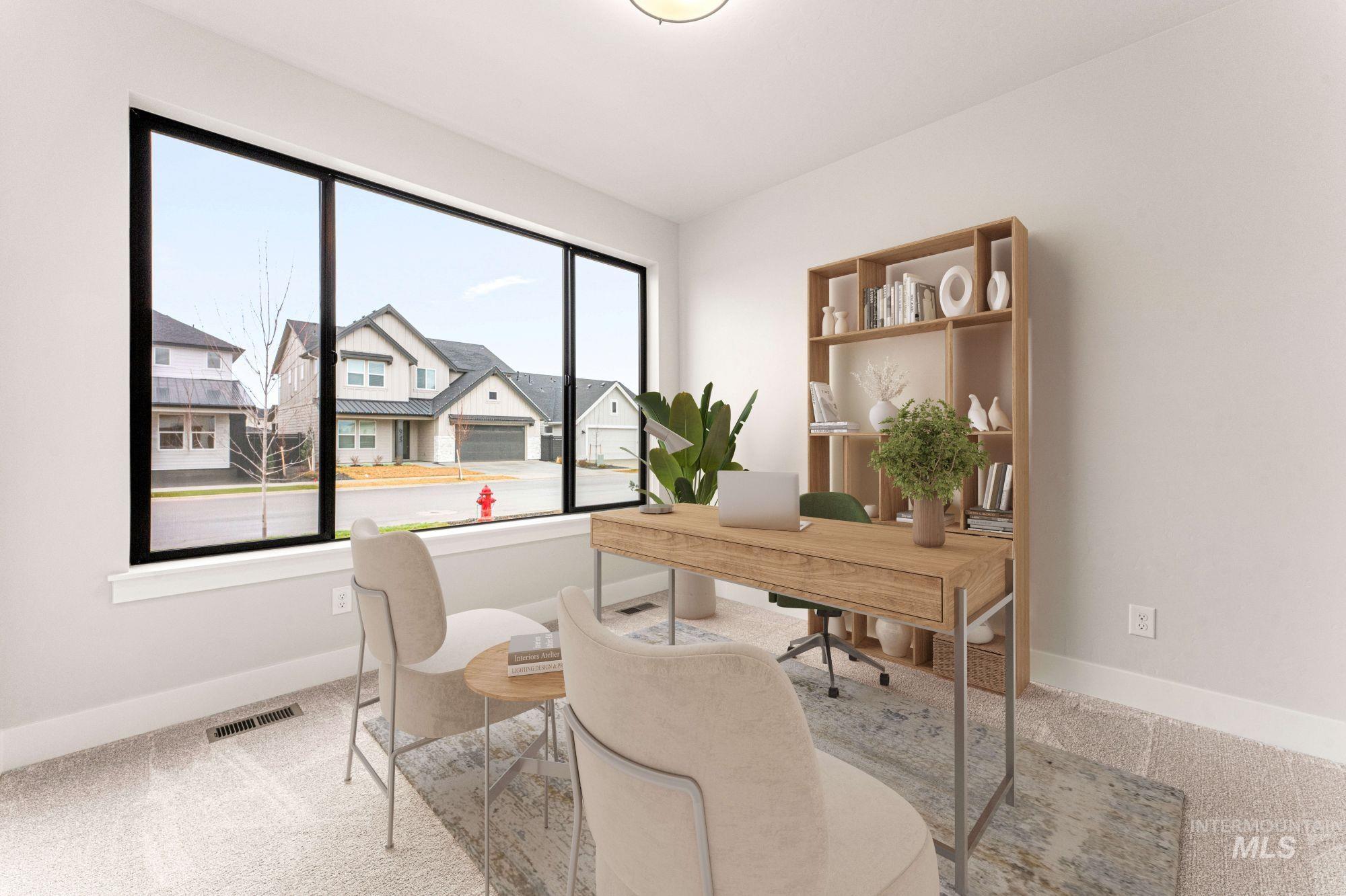 Office space with carpet and a residential view