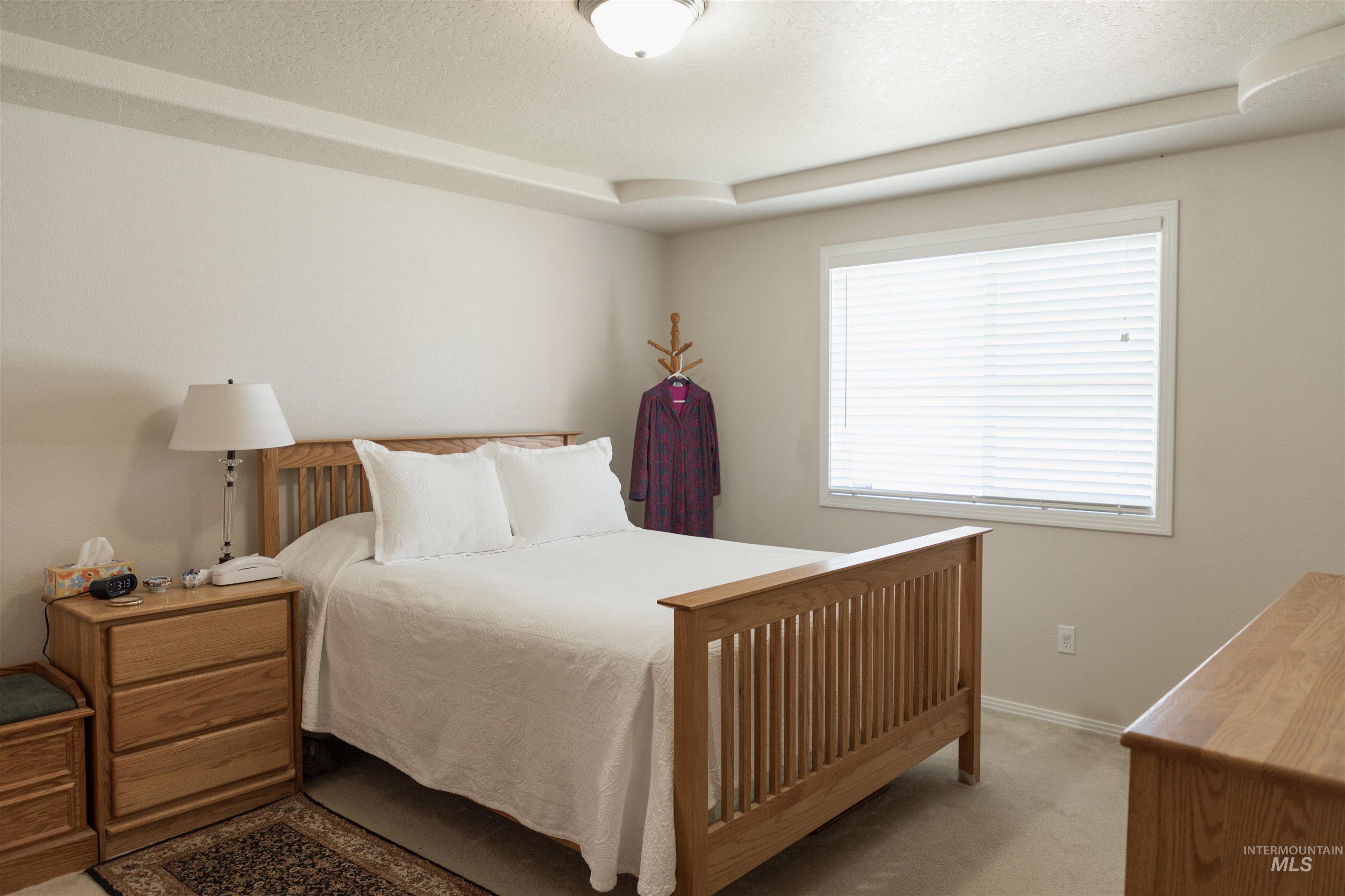 Bedroom featuring light colored carpet, a tray ceiling, and a textured ceiling