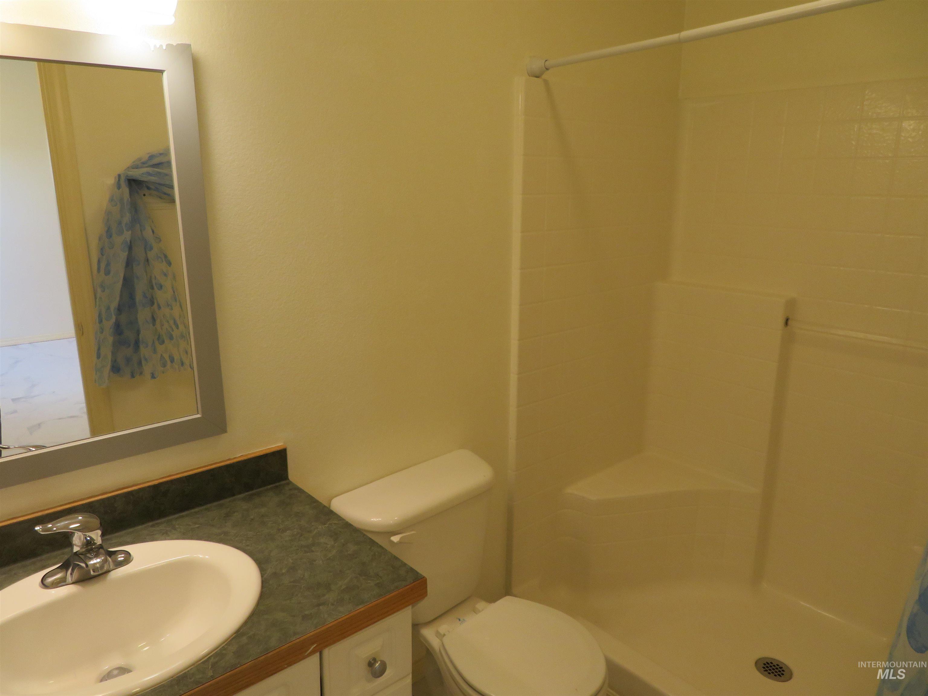 Bathroom featuring vanity and a shower