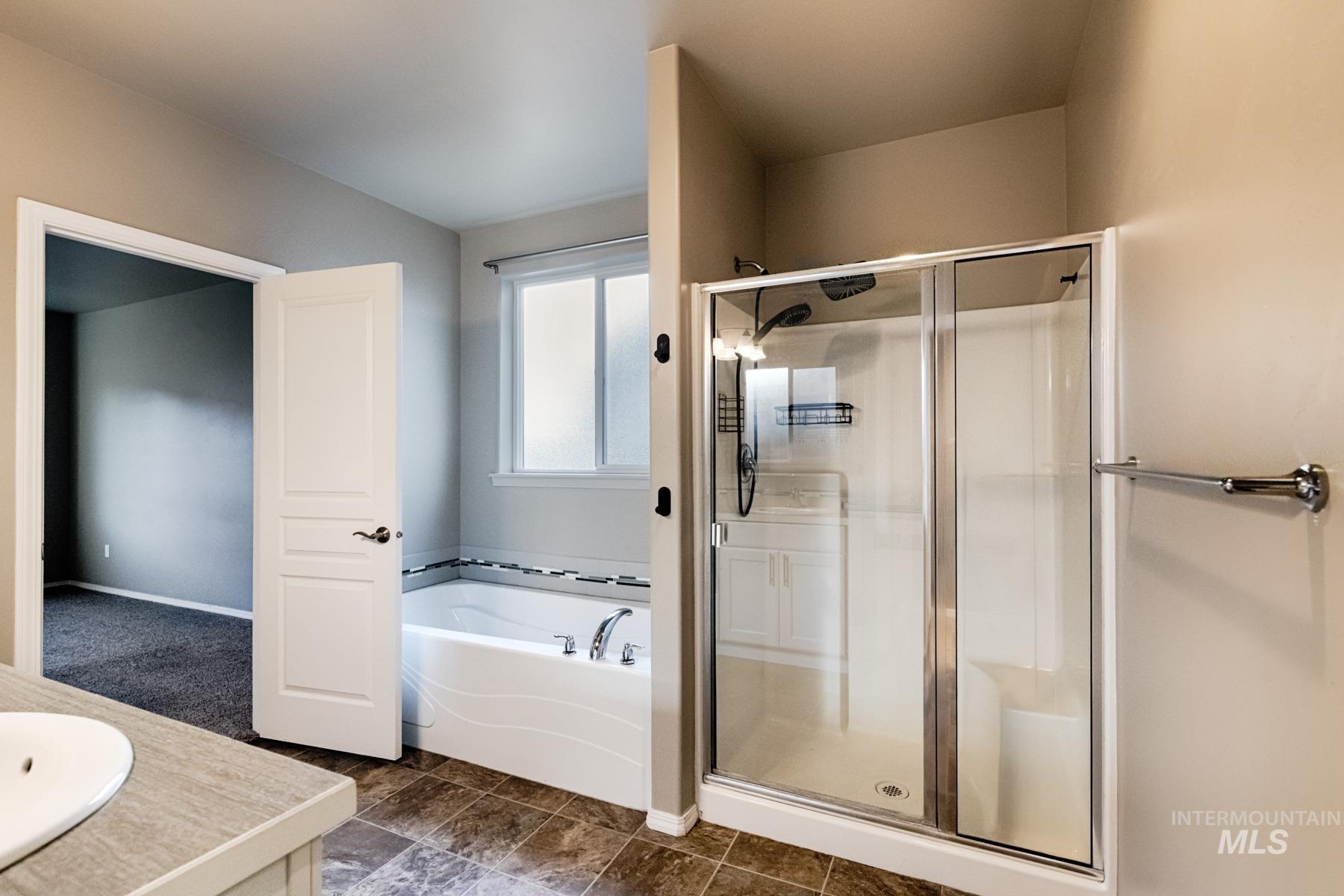 Bathroom featuring vanity, a garden tub, and a shower stall