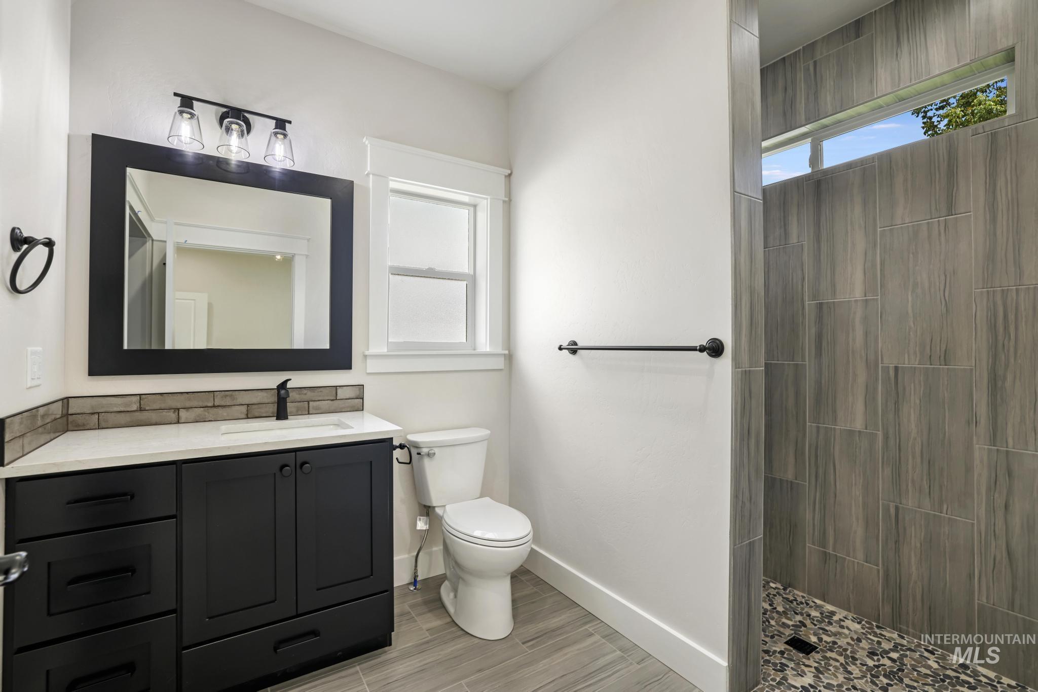 Bathroom with vanity, walk in shower, and wood finish floors