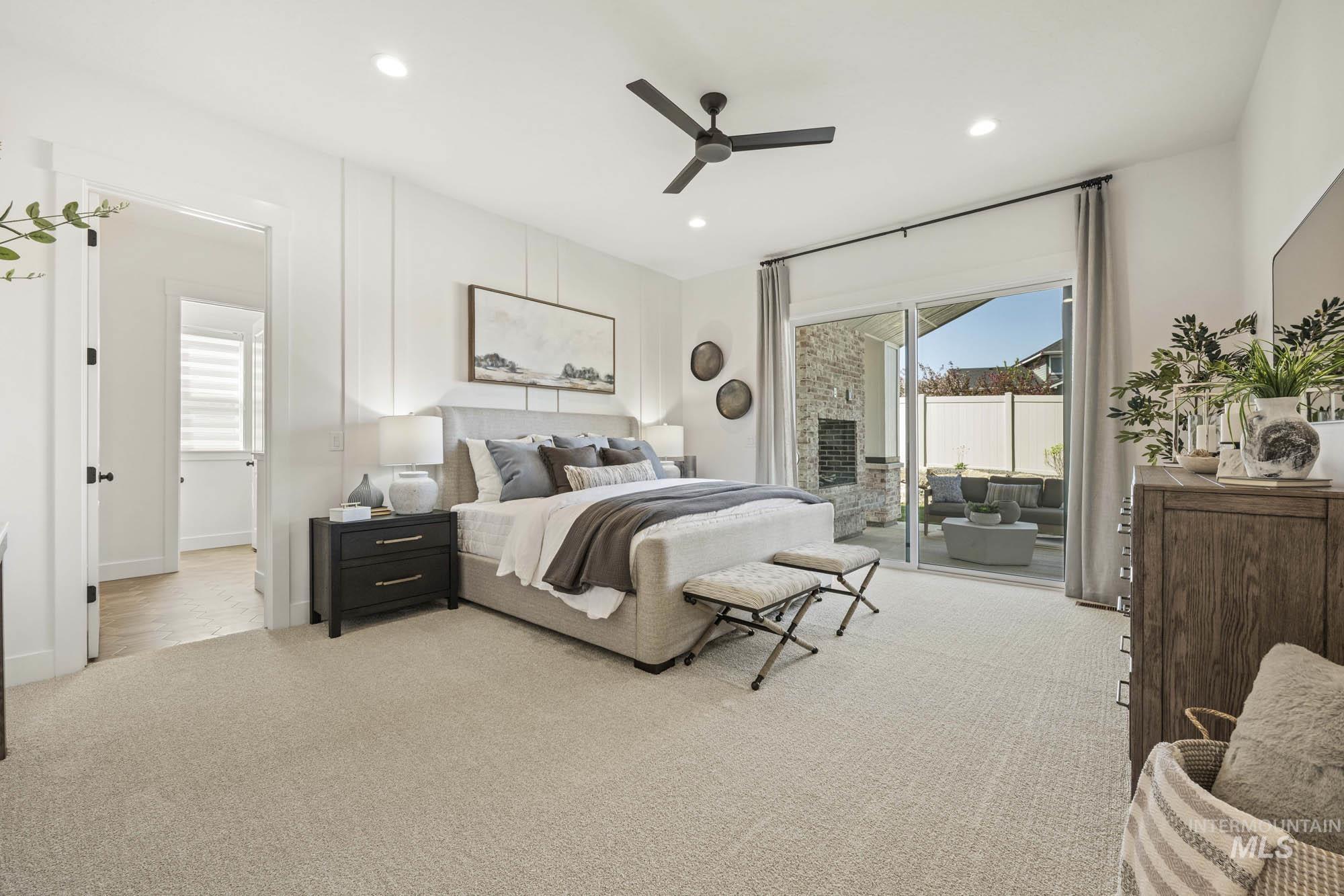 Bedroom featuring carpet, access to outside, a ceiling fan, and recessed lighting