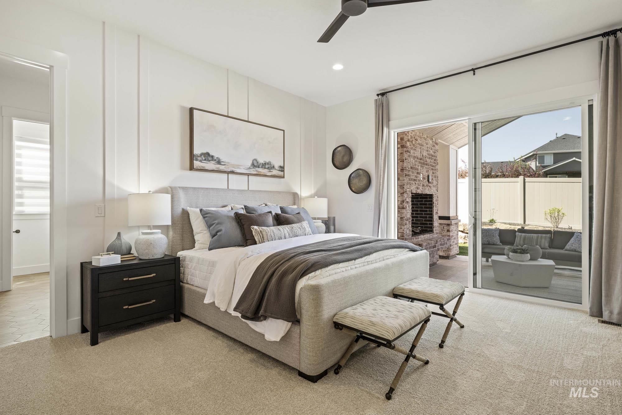 Bedroom featuring a ceiling fan, access to outside, light colored carpet, and recessed lighting