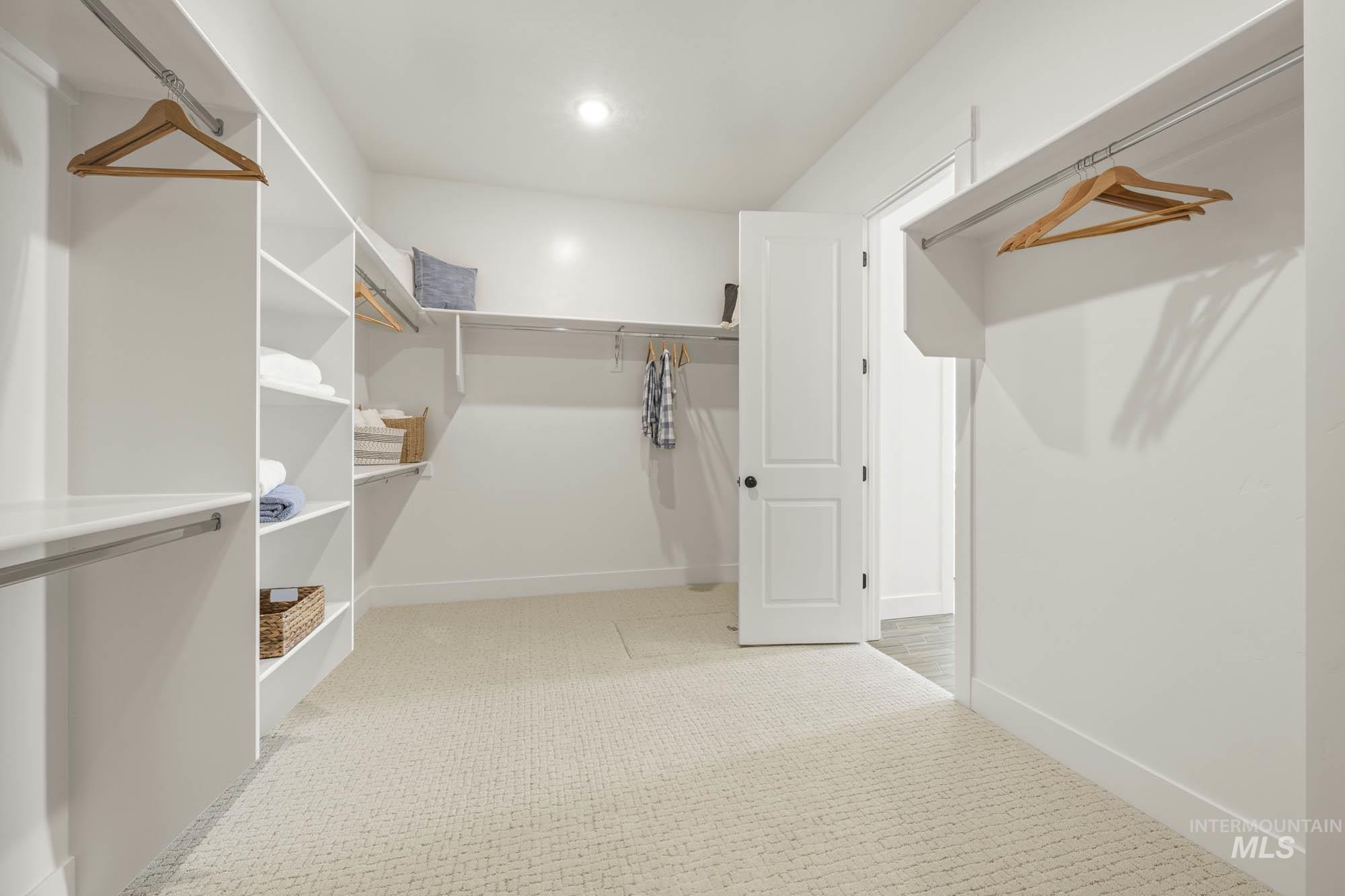 Spacious closet with light carpet