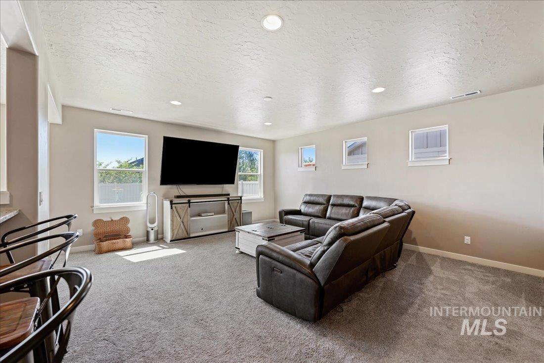 Carpeted living room featuring a textured ceiling and recessed lighting