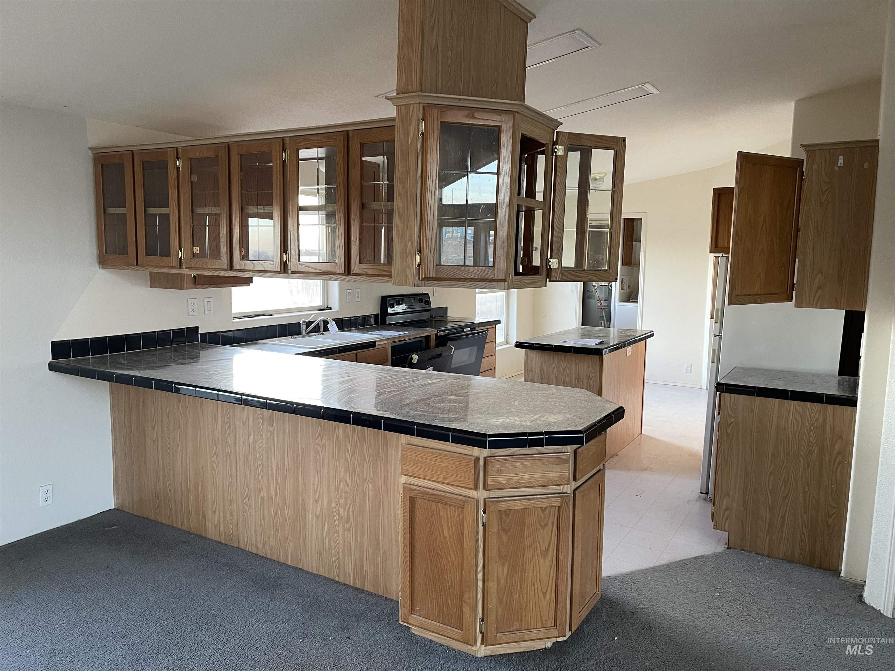 Kitchen with a peninsula, black electric range oven, light colored carpet, and glass insert cabinets