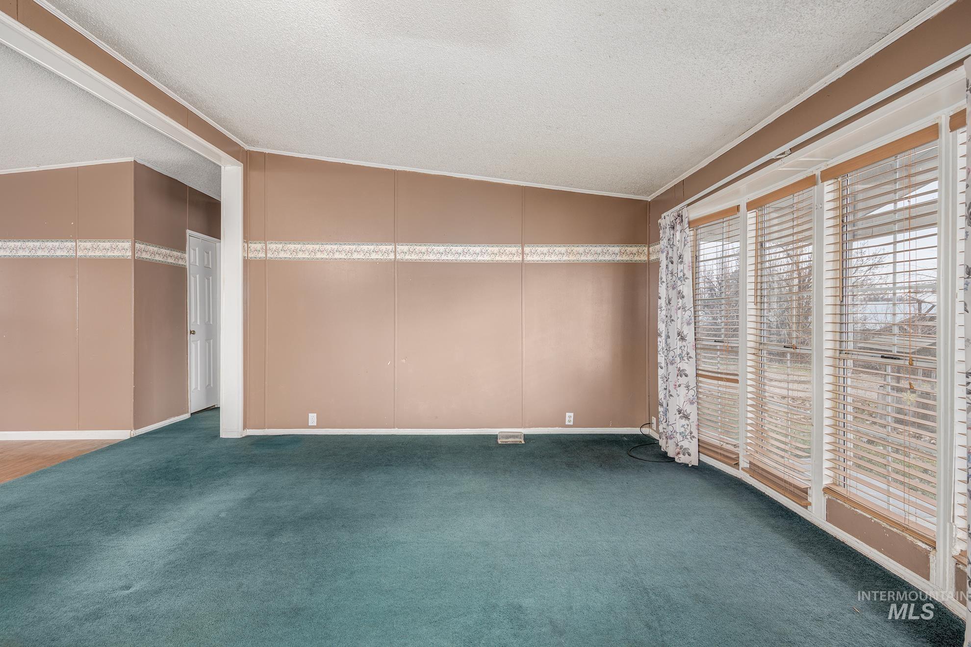 Empty room featuring carpet flooring, a textured ceiling, ornamental molding, and lofted ceiling