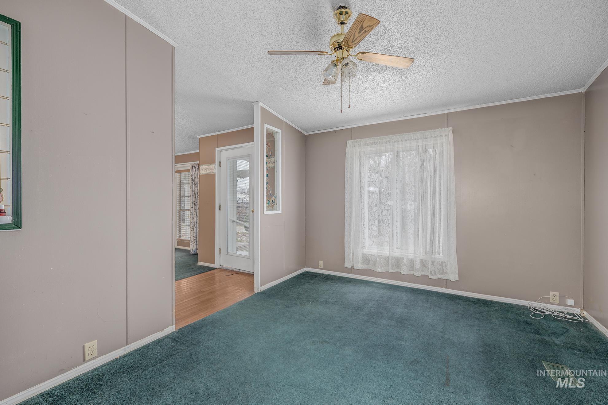 Unfurnished room featuring carpet, a textured ceiling, ornamental molding, and a ceiling fan