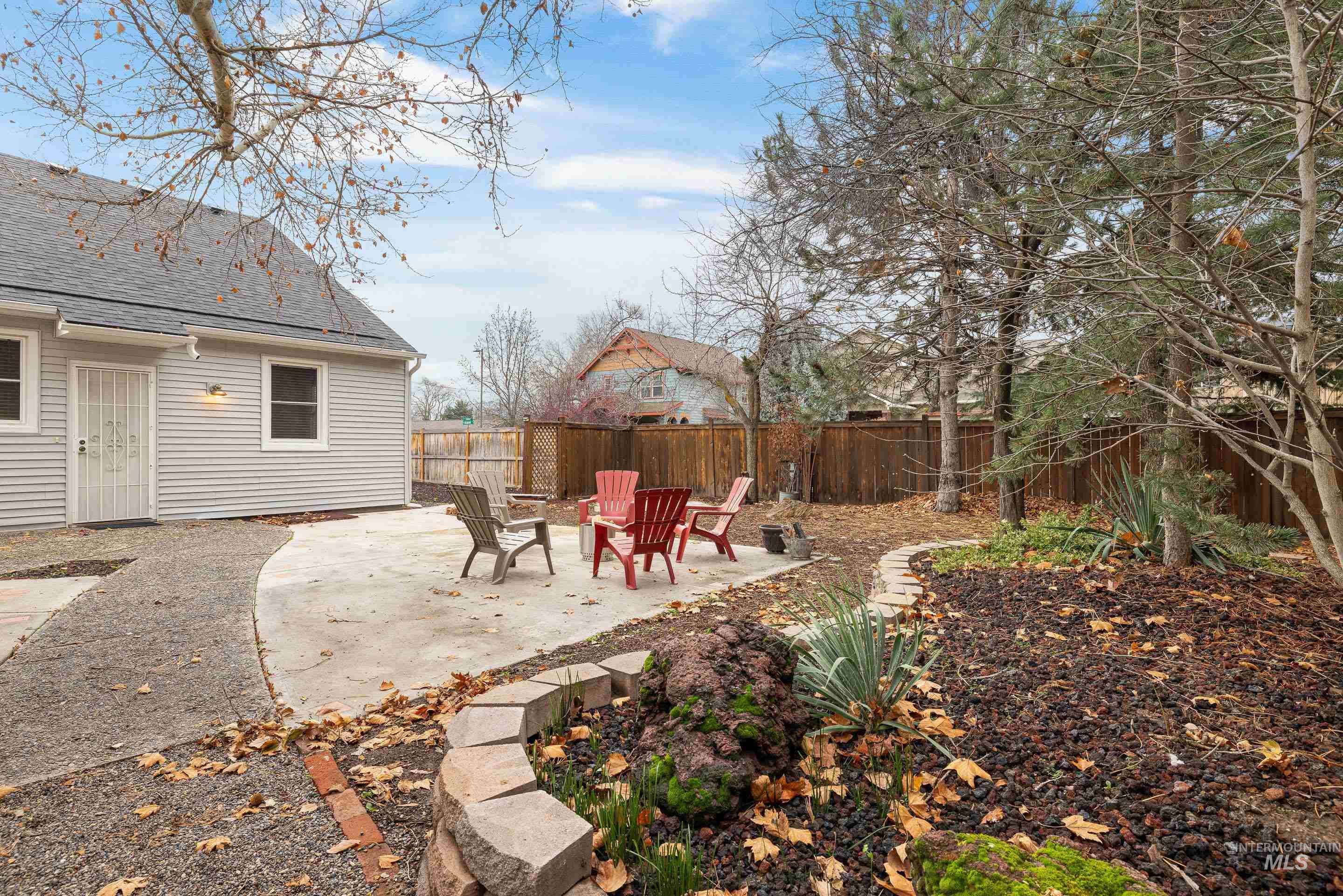 Fenced backyard featuring a patio and a fire pit