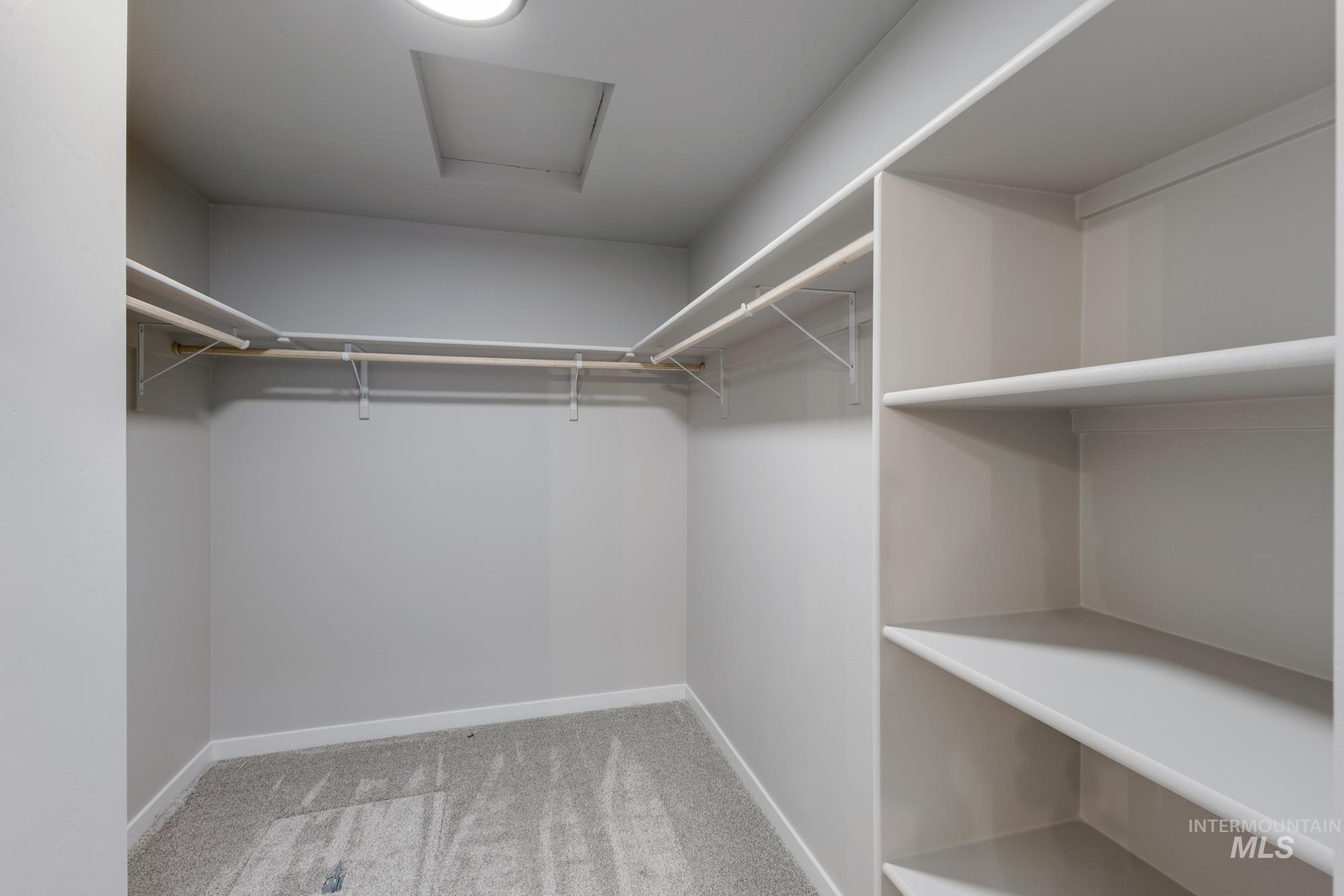Spacious closet featuring light colored carpet and attic access