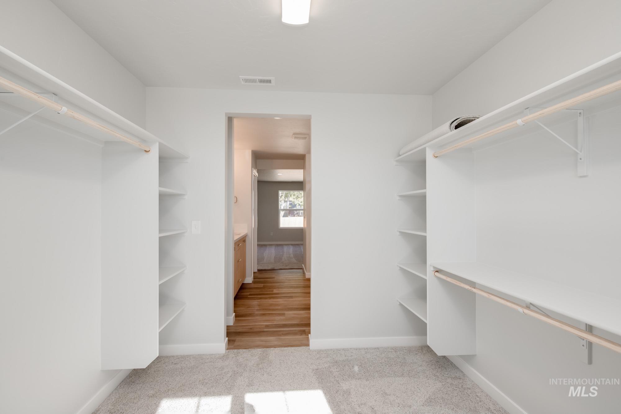 Walk in closet with light colored carpet