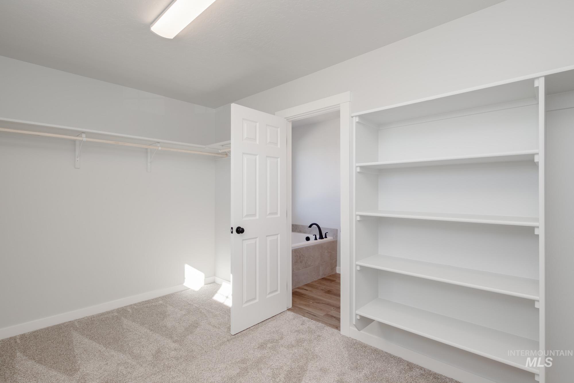 Walk in closet featuring light carpet