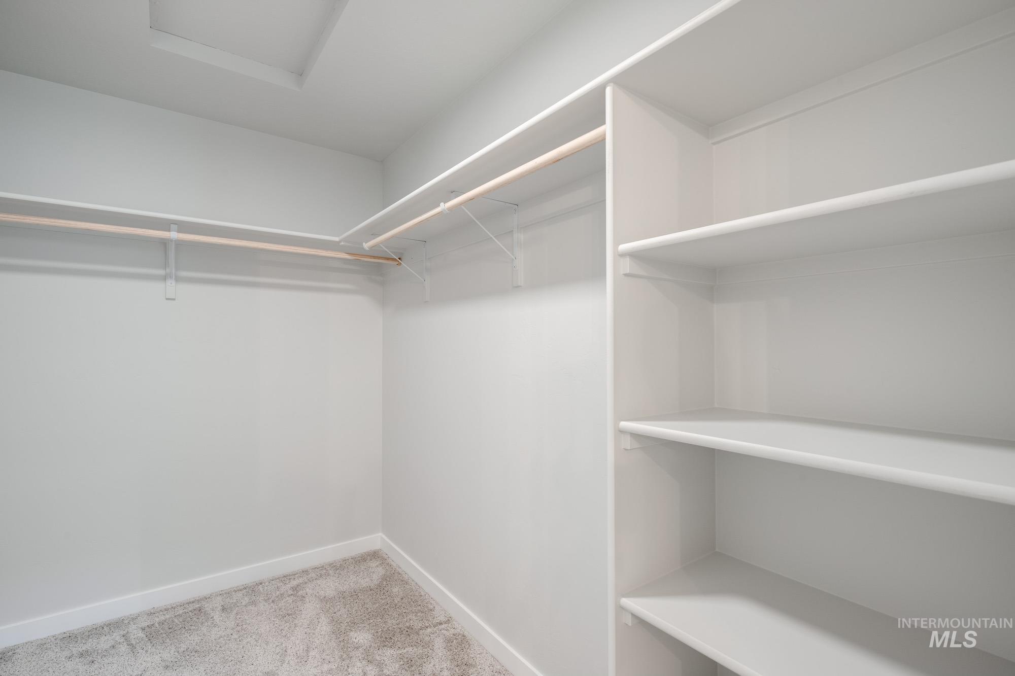 Walk in closet featuring light carpet