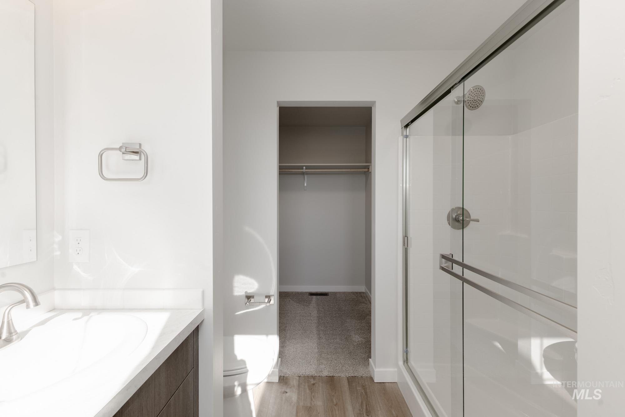 Bathroom featuring a shower stall, vanity, a walk in closet, and light wood-style floors