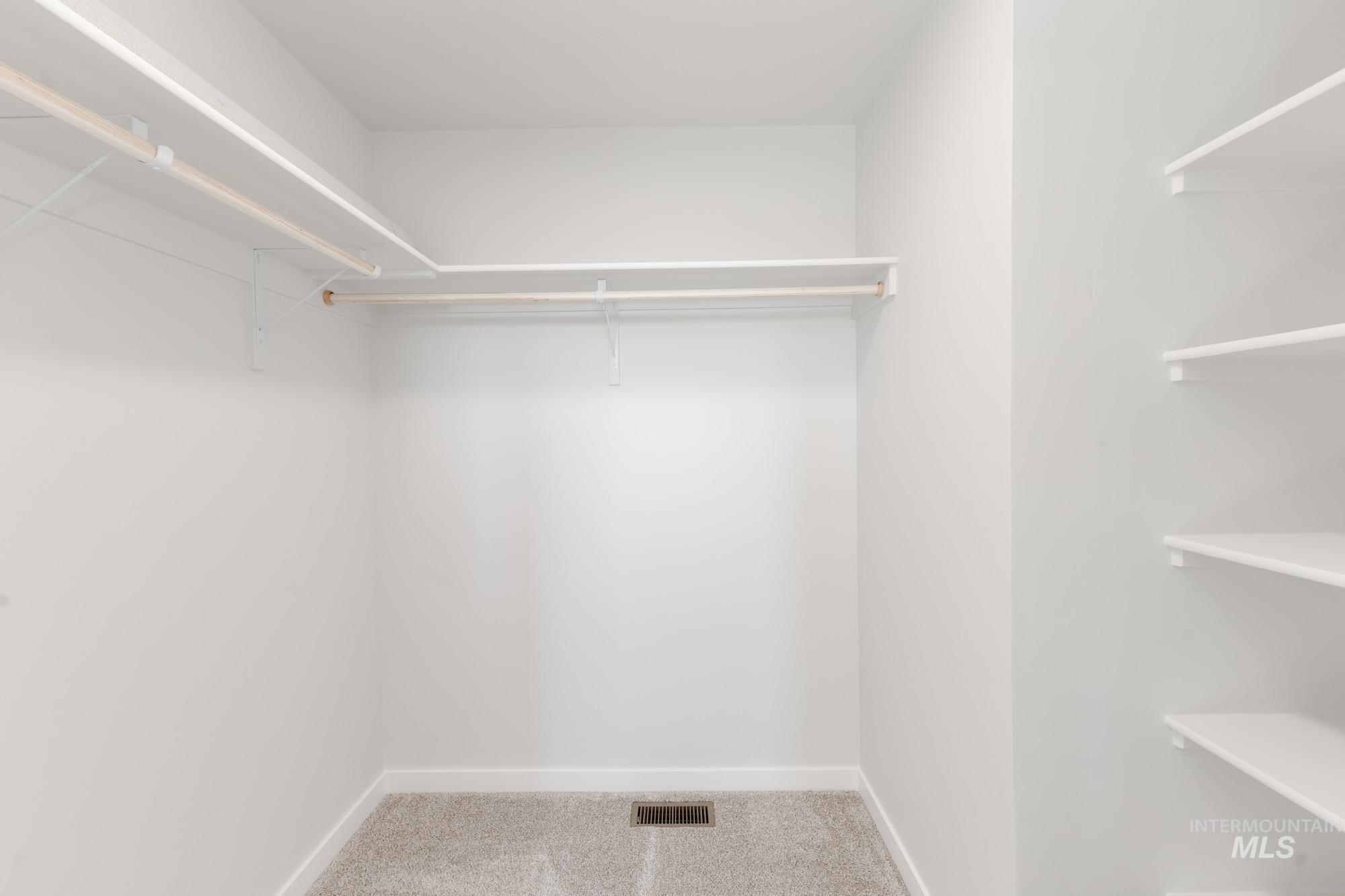Spacious closet with light colored carpet
