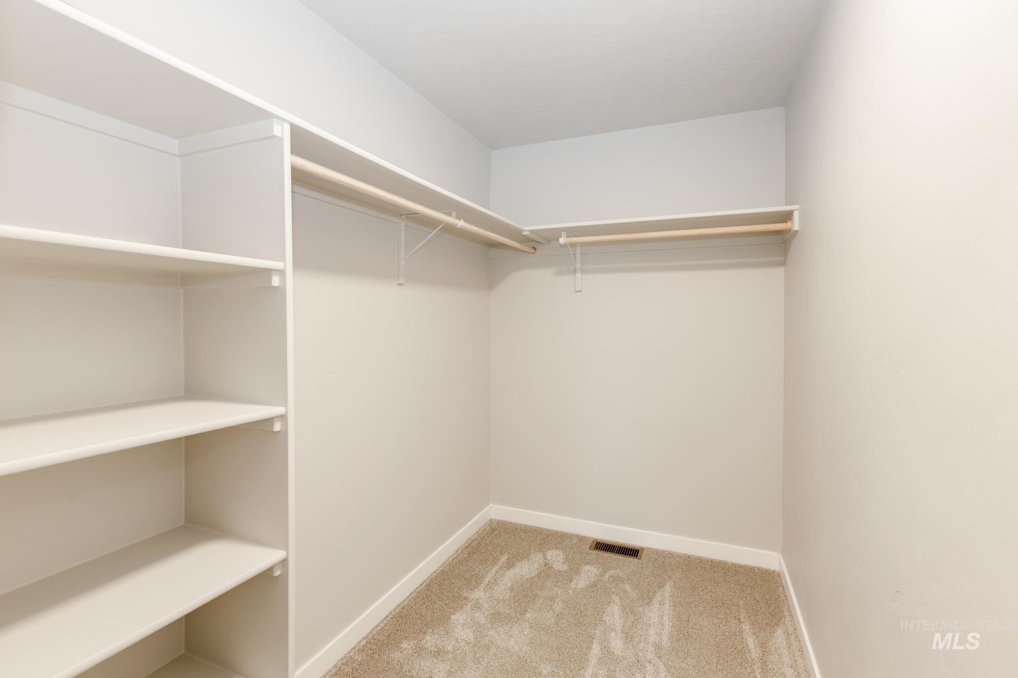 Spacious closet with light carpet