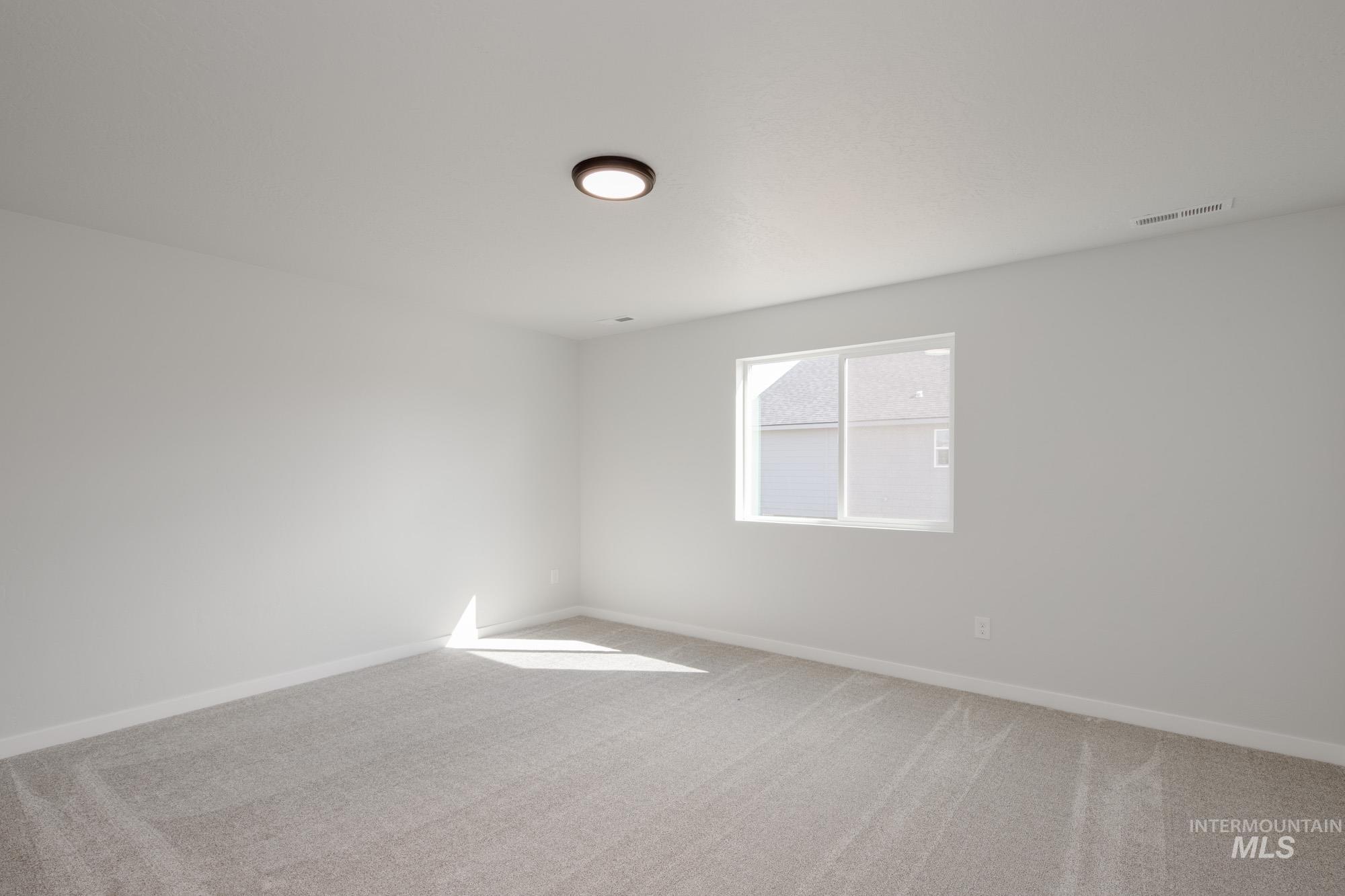 Spare room with light colored carpet and baseboards