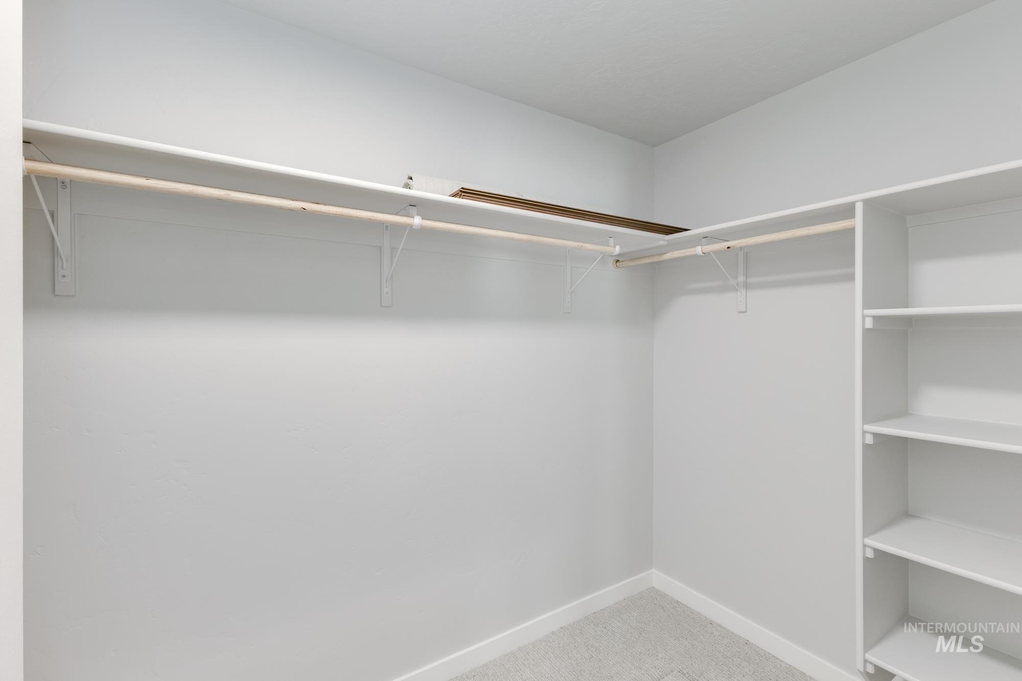Walk in closet featuring light colored carpet