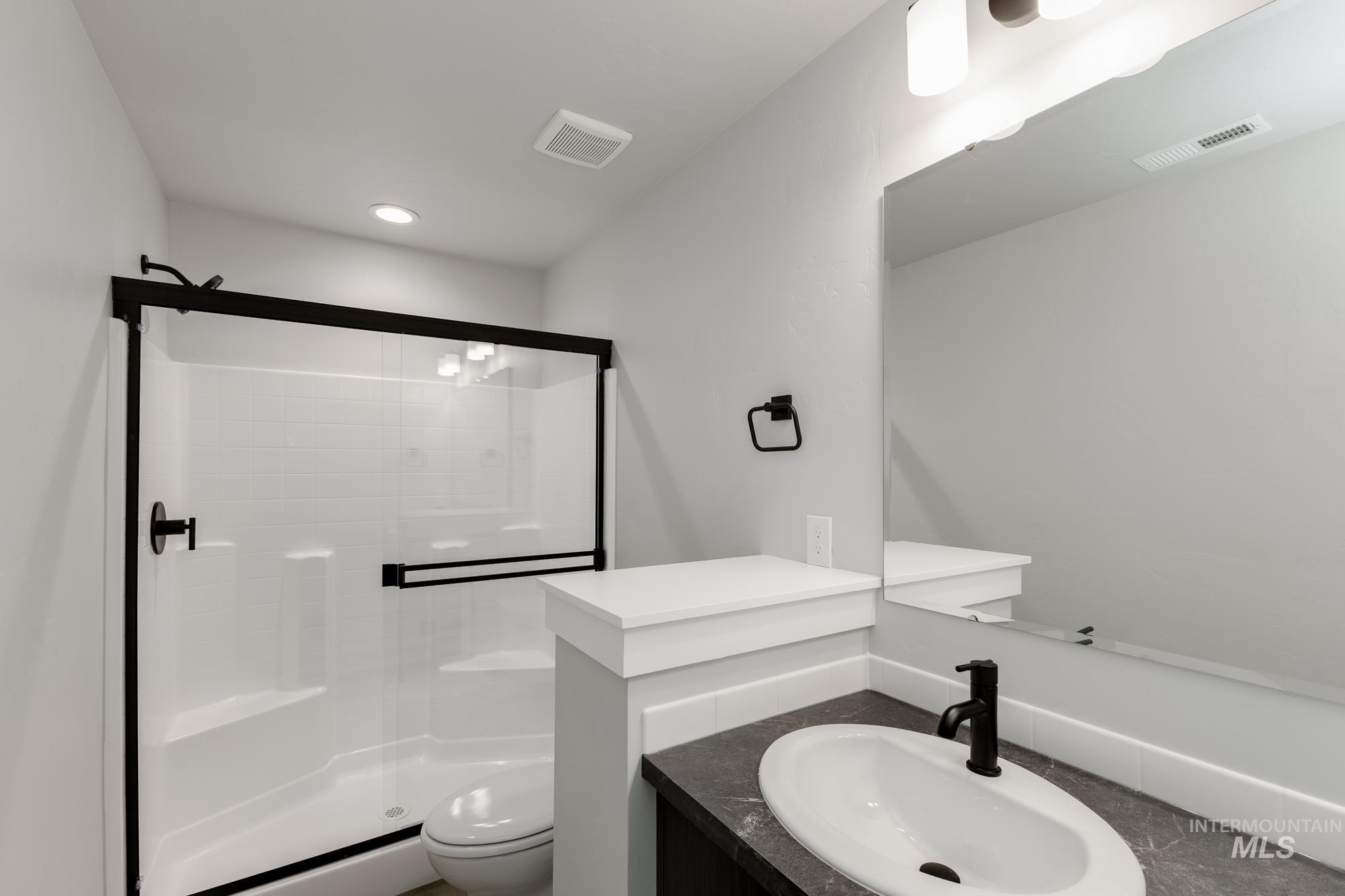 Full bath with vanity and a stall shower