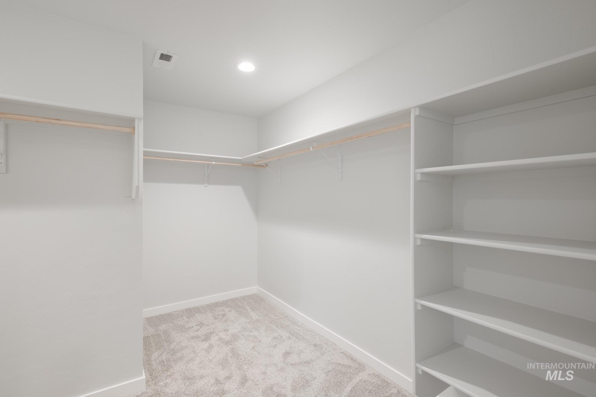 Walk in closet with light colored carpet