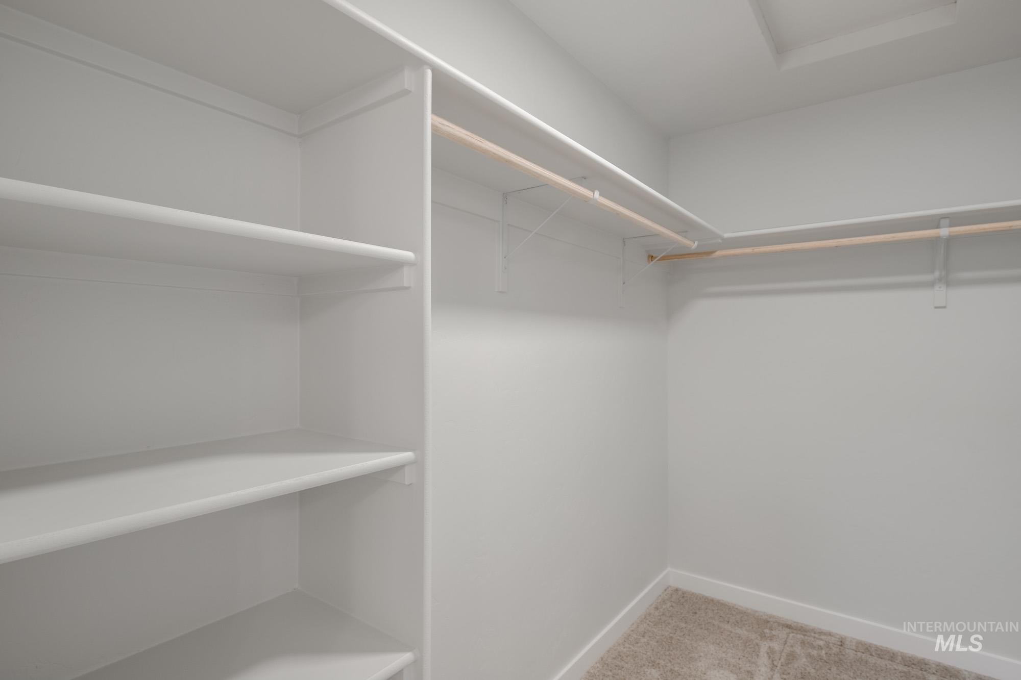 Spacious closet featuring light colored carpet and attic access