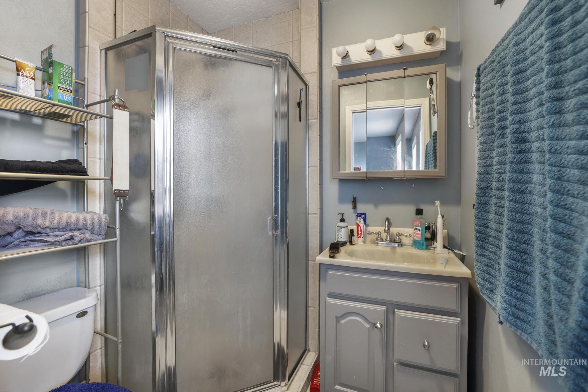 Full bathroom with vanity and a shower stall