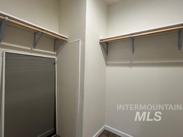 Spacious closet featuring dark wood-style flooring