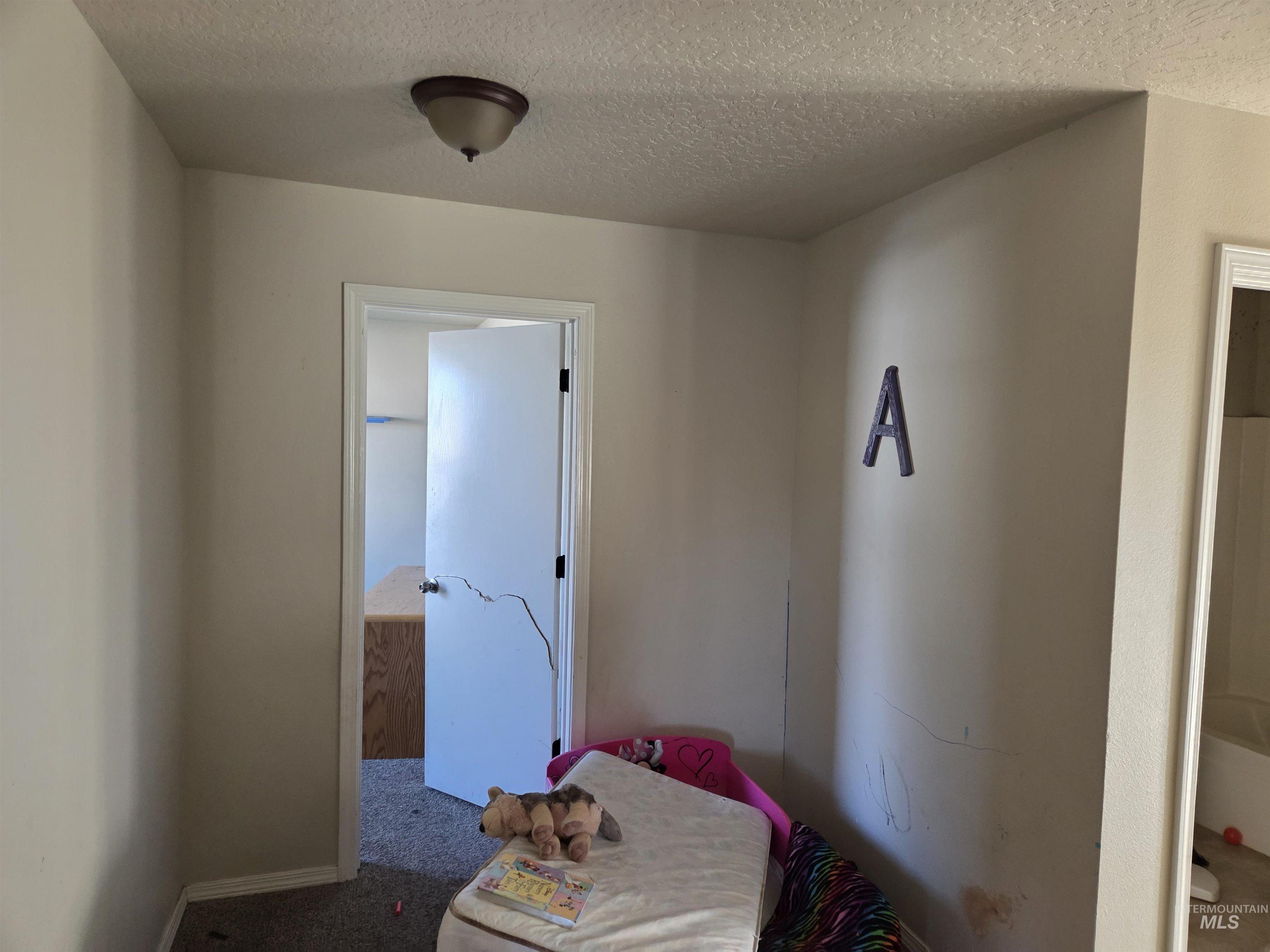 Carpeted bedroom featuring a textured ceiling