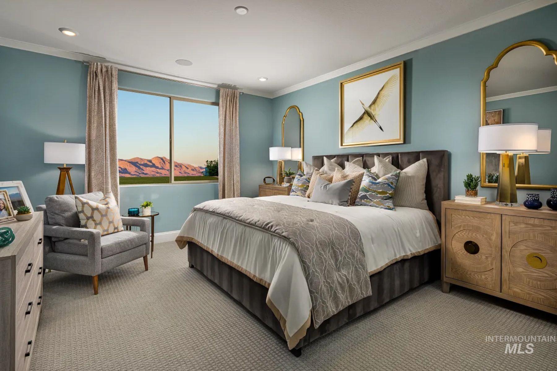 Carpeted bedroom featuring crown molding and recessed lighting