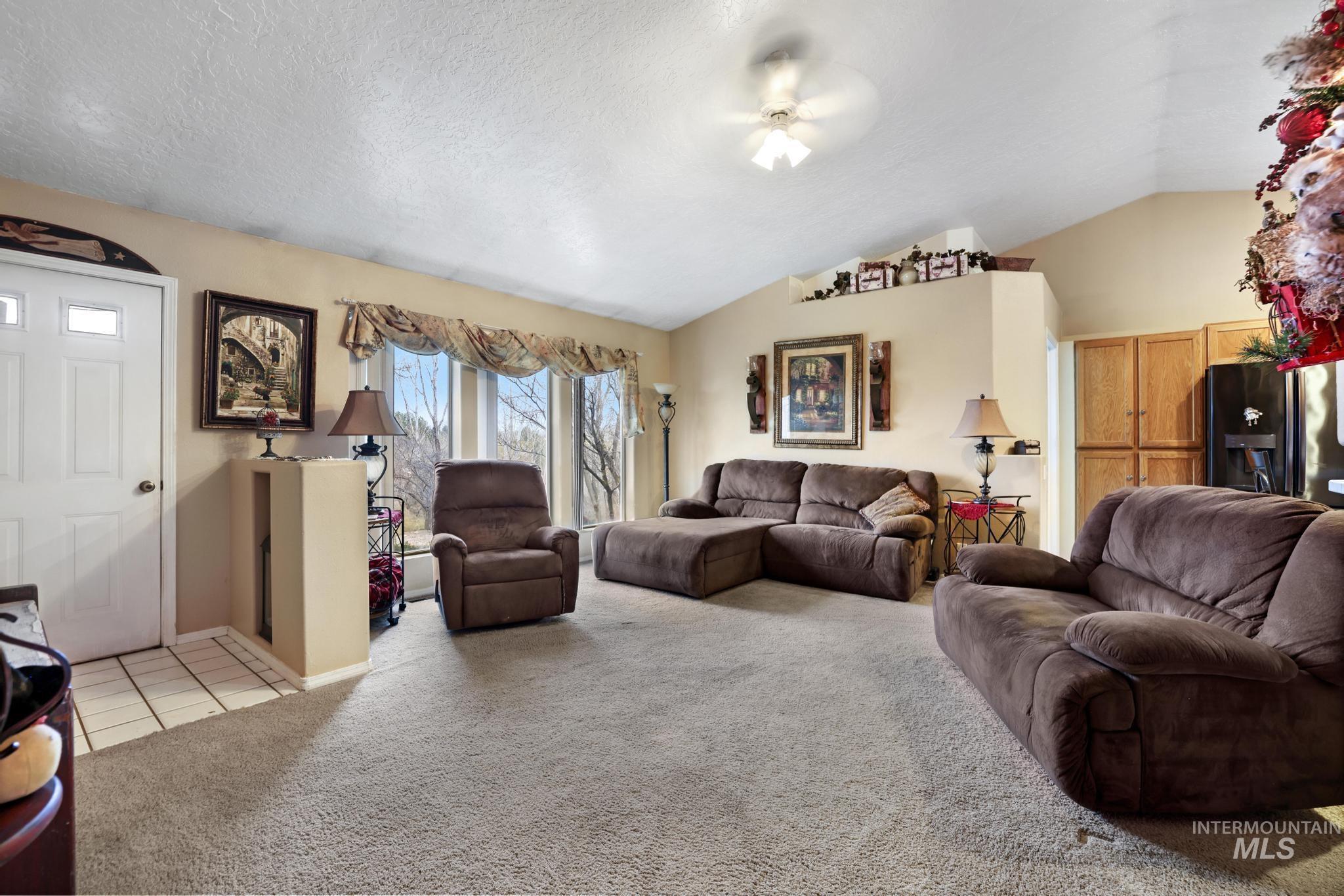 Living area with lofted ceiling, light carpet, and a textured ceiling