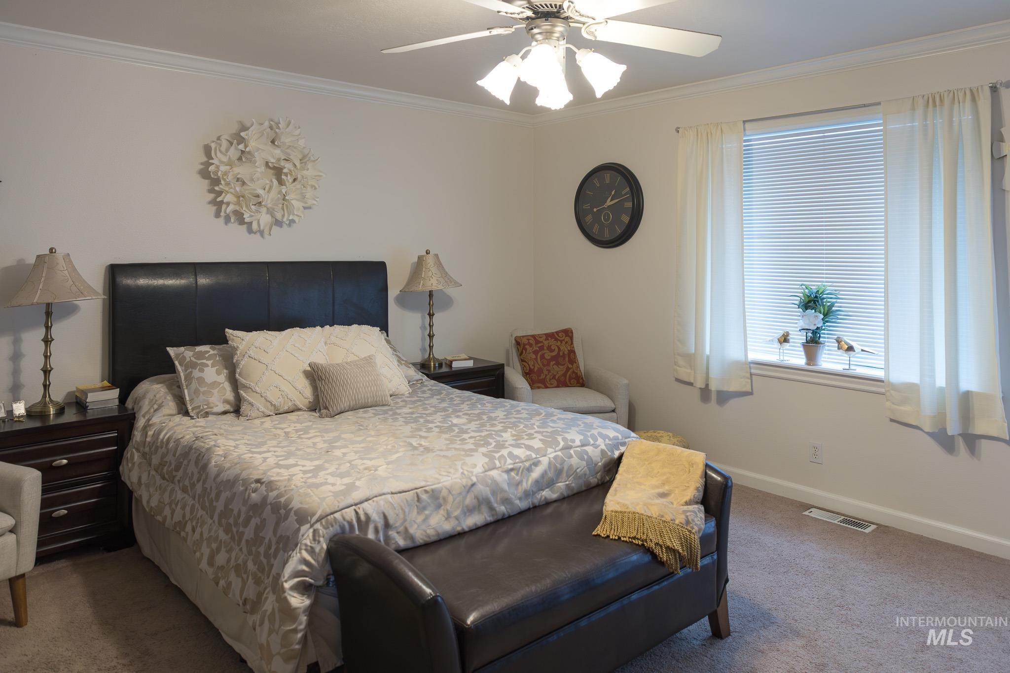 Carpeted bedroom with crown molding and ceiling fan