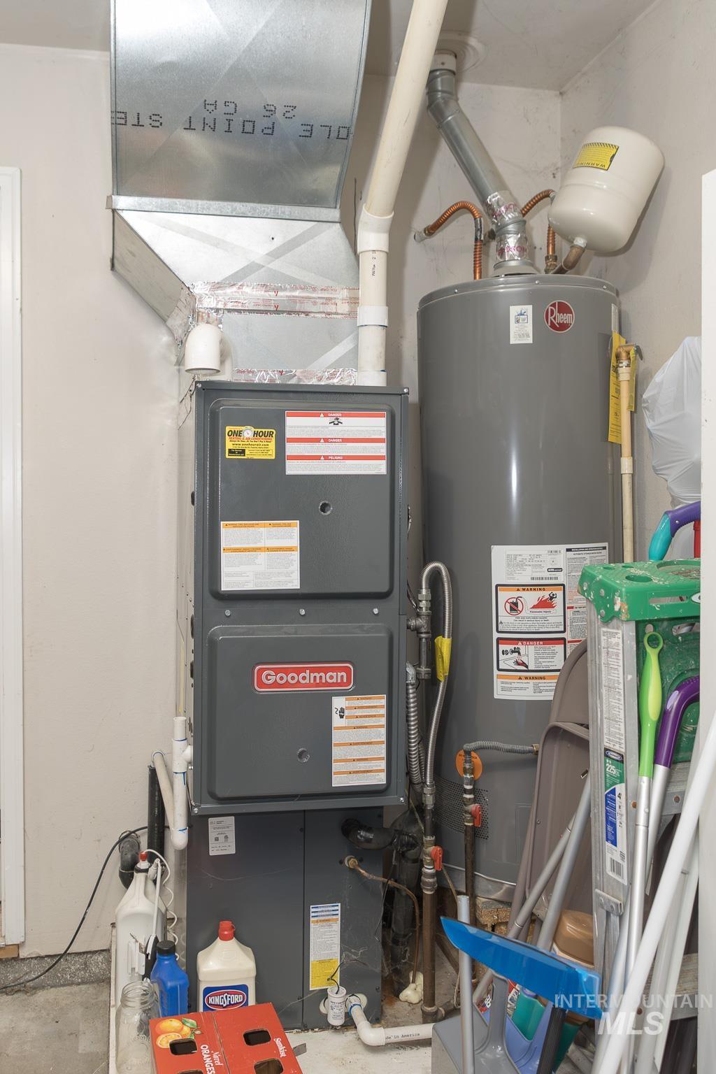 Utility room featuring gas water heater and heating unit