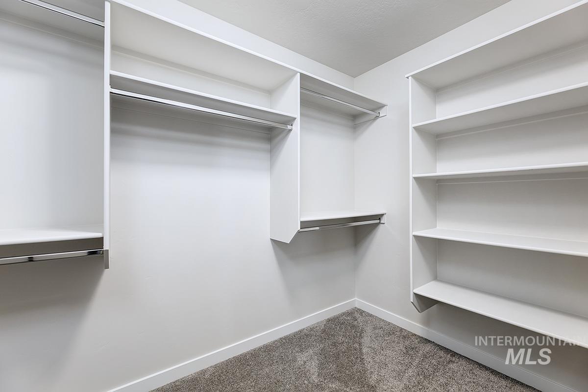 Walk in closet featuring dark colored carpet