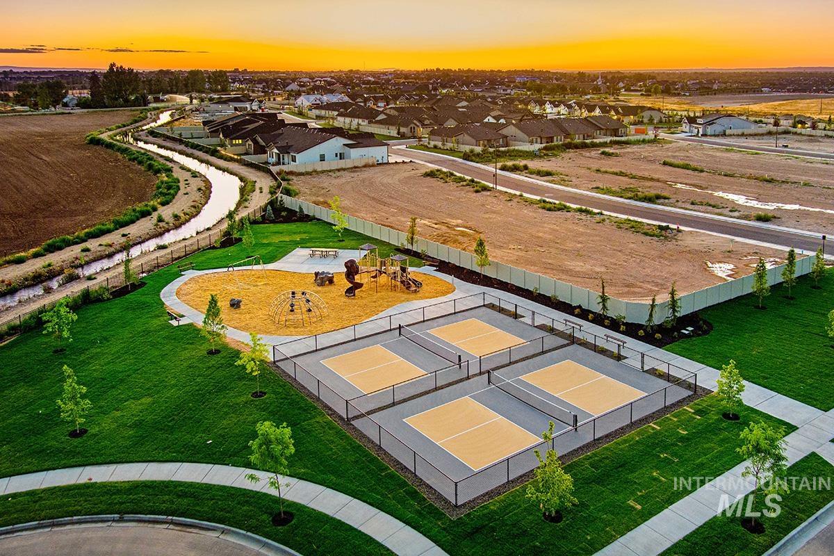 Aerial view at dusk of a residential view