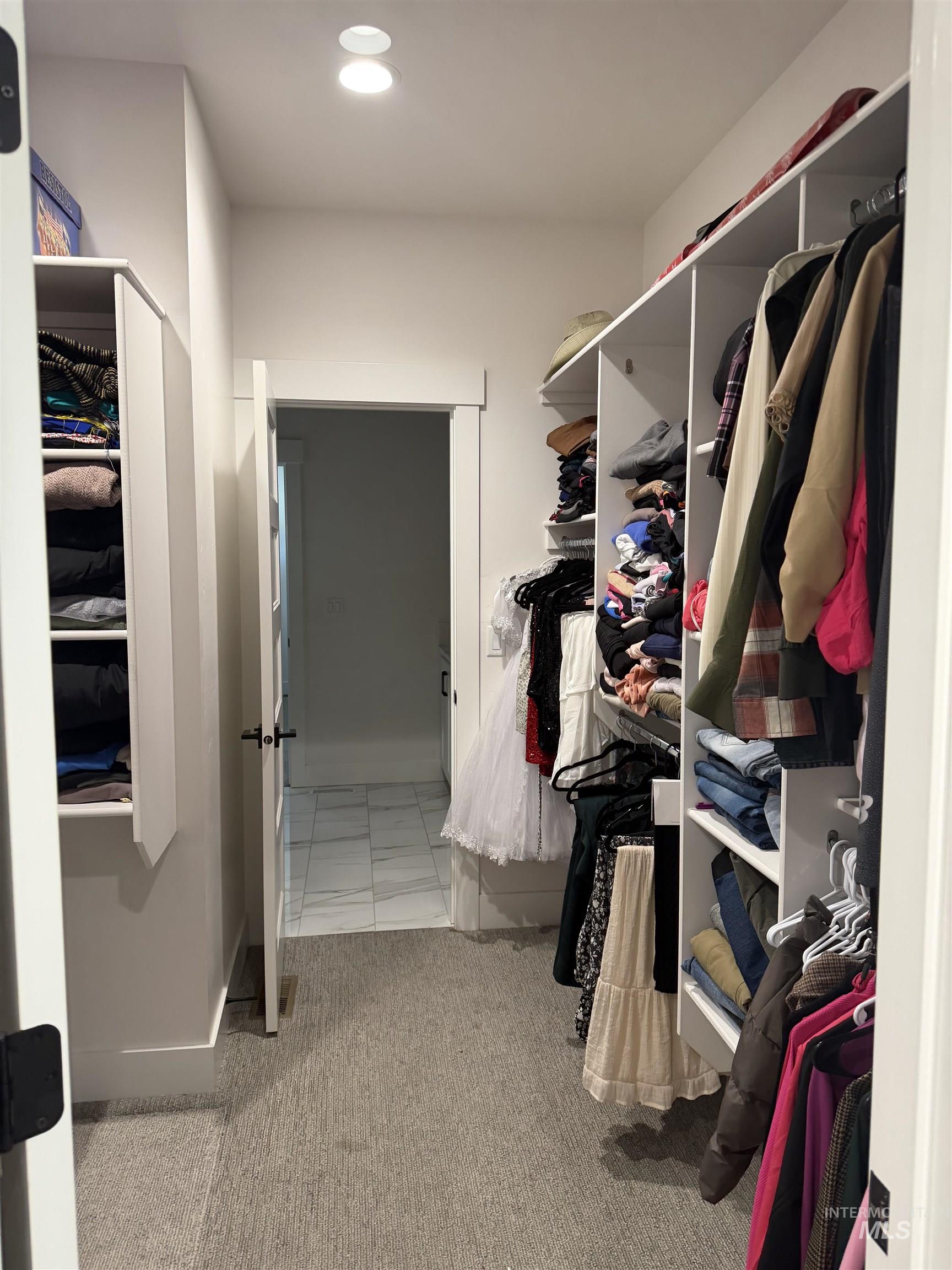 Spacious closet with light colored carpet