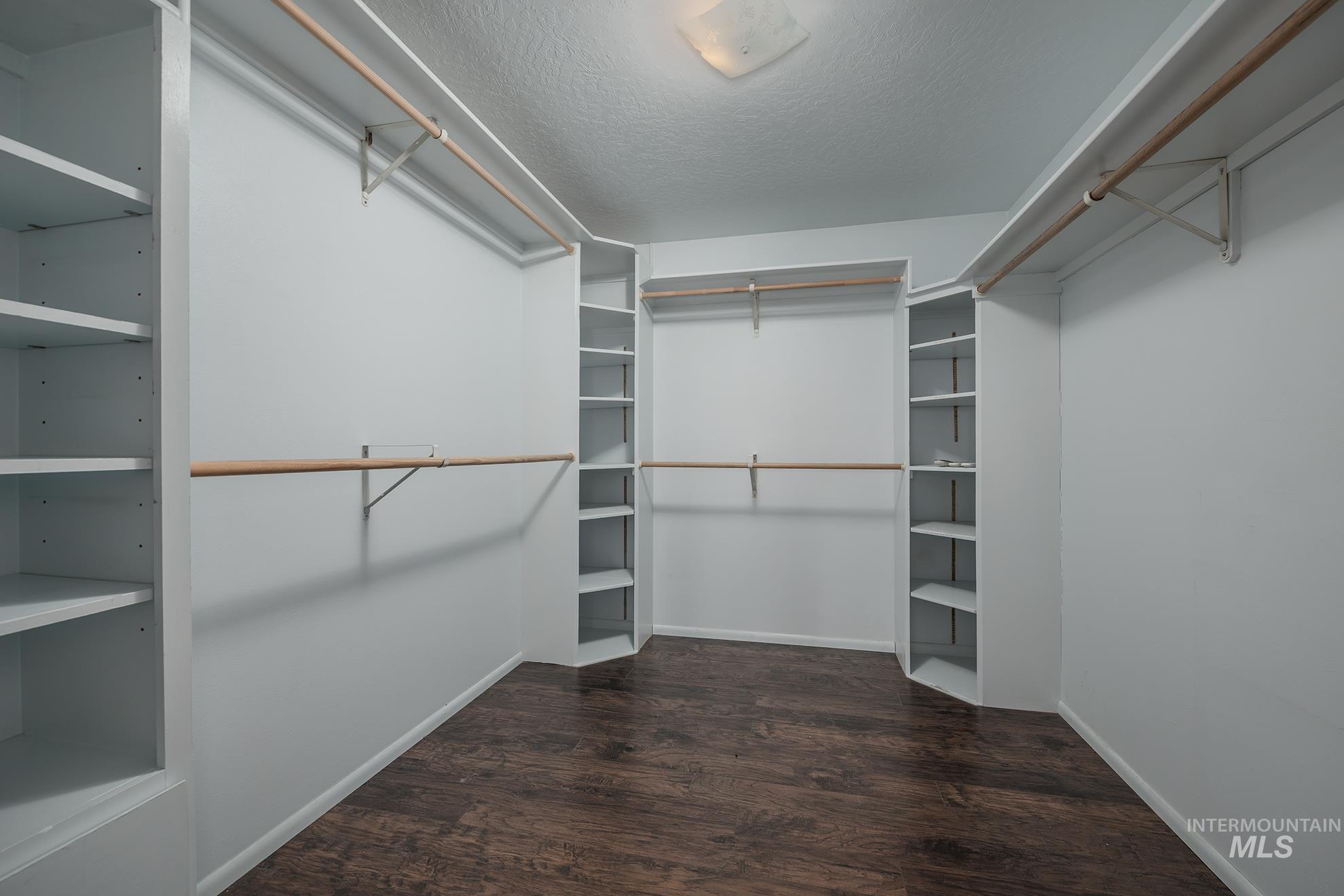 Walk in closet with dark wood-style floors