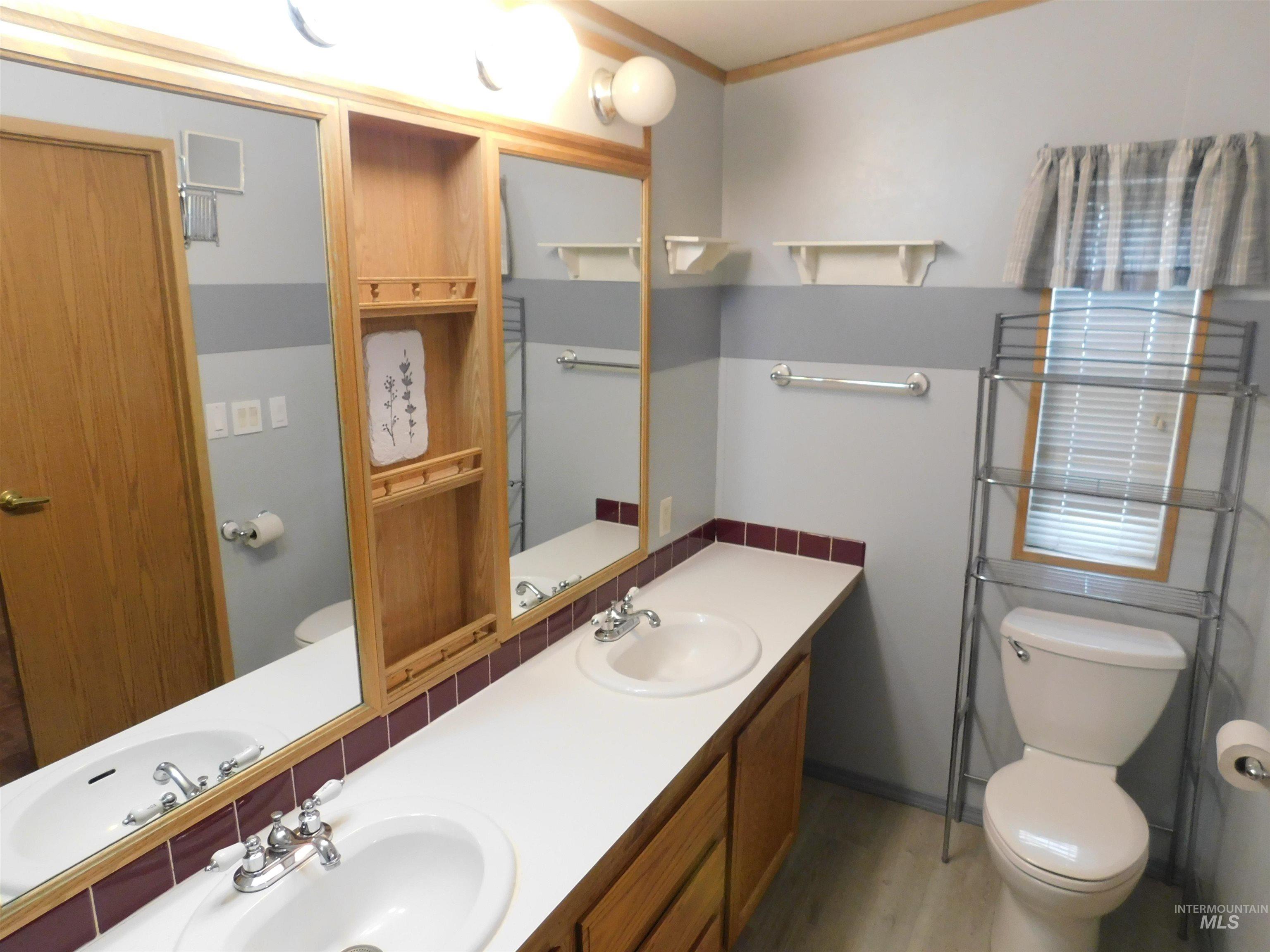 Bathroom with double vanity, crown molding, and light wood-style floors