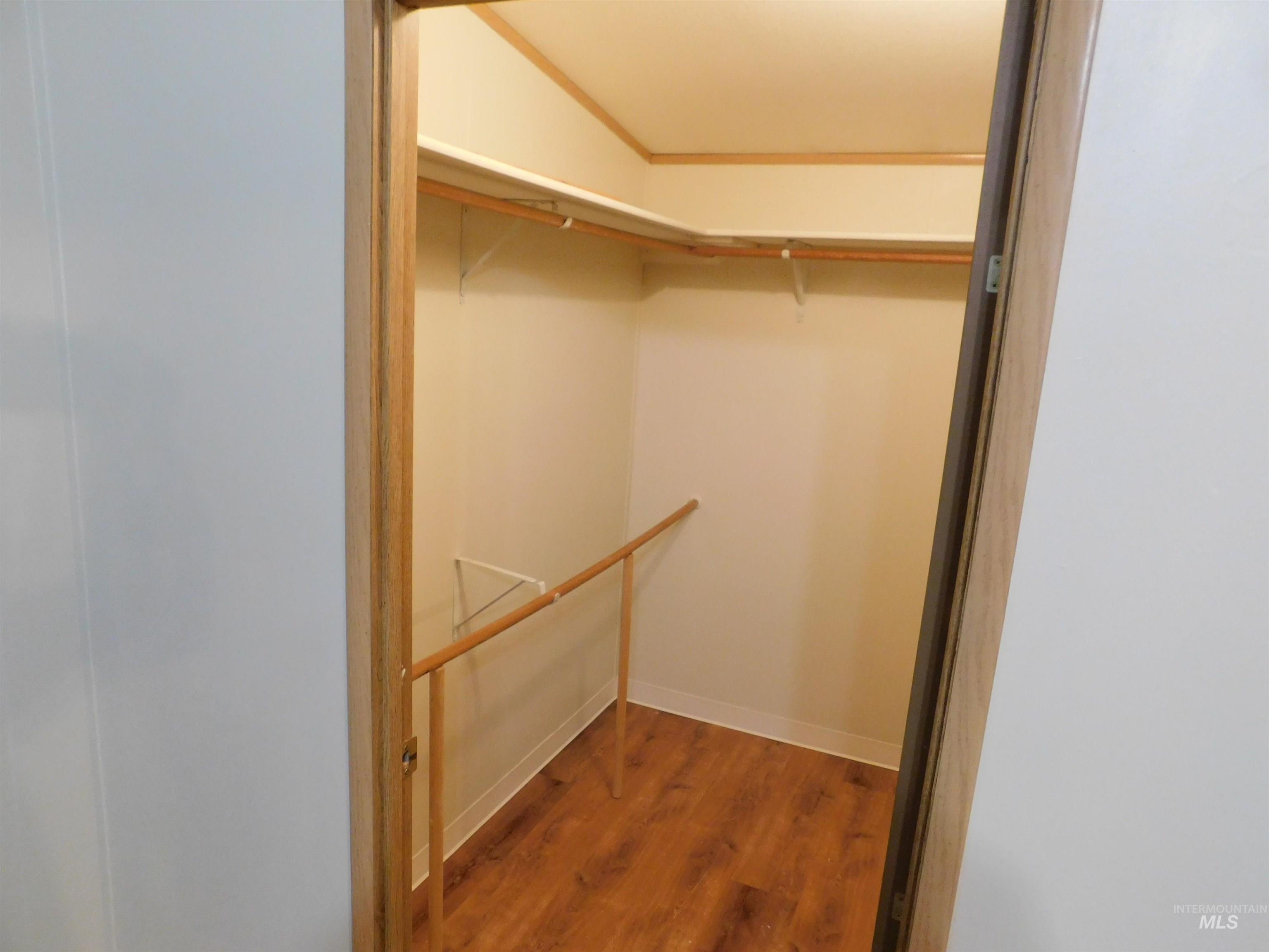 Walk in closet with dark wood-style floors