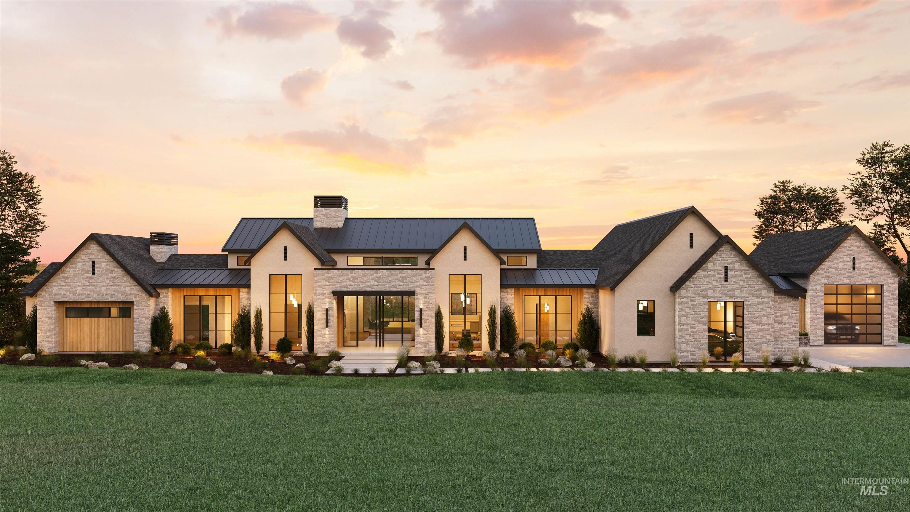 Modern farmhouse style home with a standing seam roof, a metal roof, and a chimney