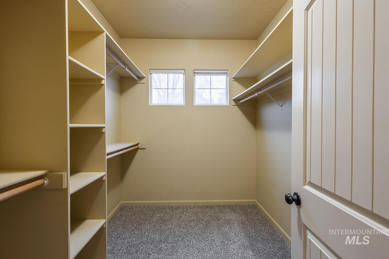 Walk in closet featuring light colored carpet