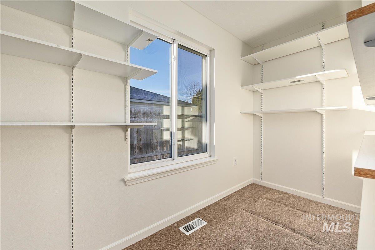 Walk in closet with carpet floors
