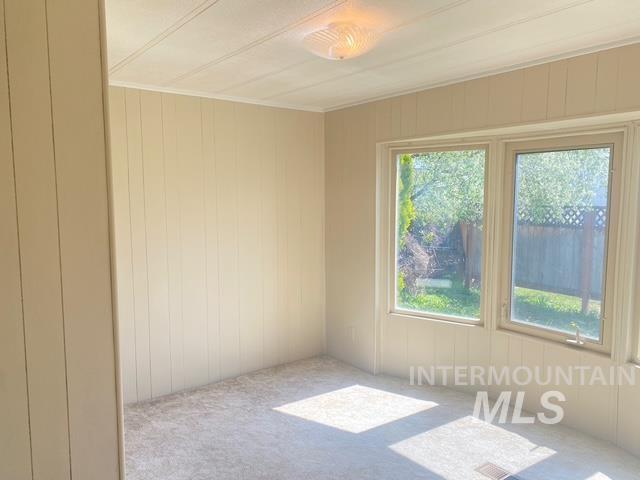 Spare room with wood walls and carpet floors