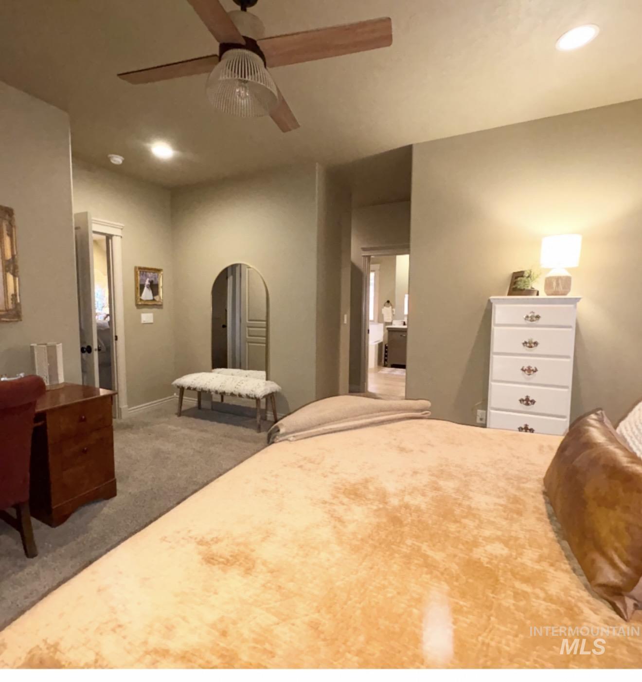 Bedroom with recessed lighting, carpet, and a ceiling fan