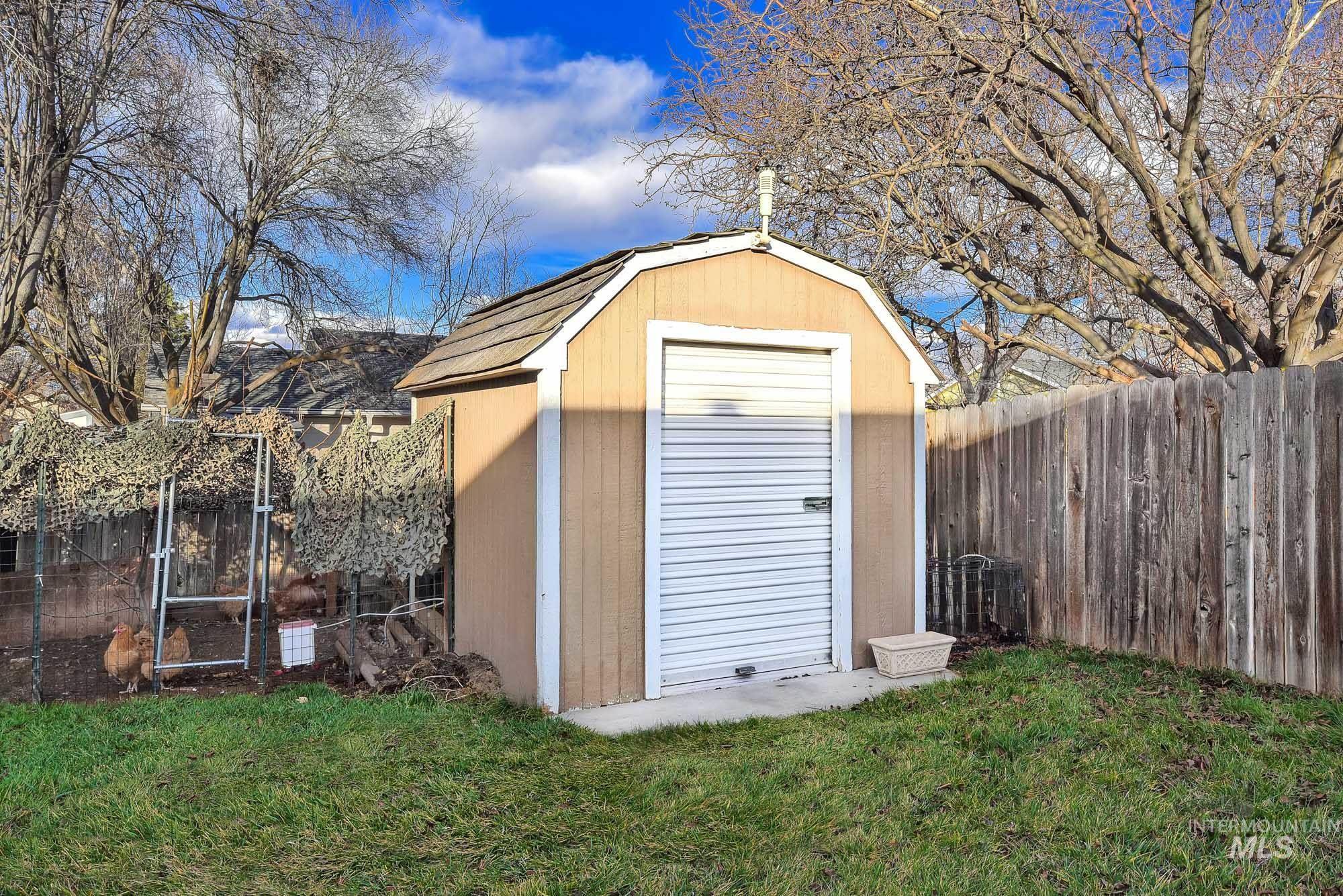 View of shed featuring a fenced backyard