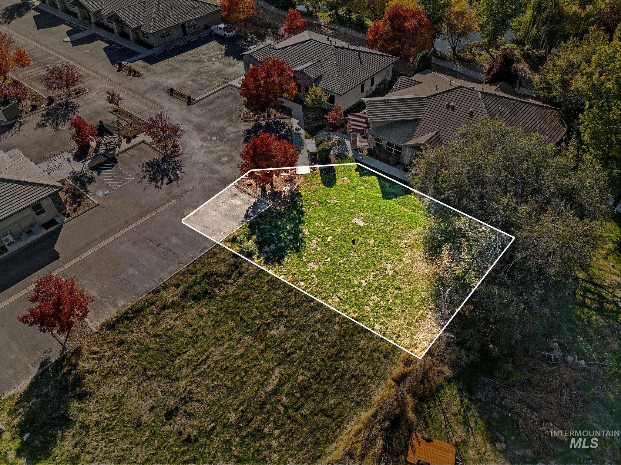 Aerial perspective of suburban area with property boundaries highlighted