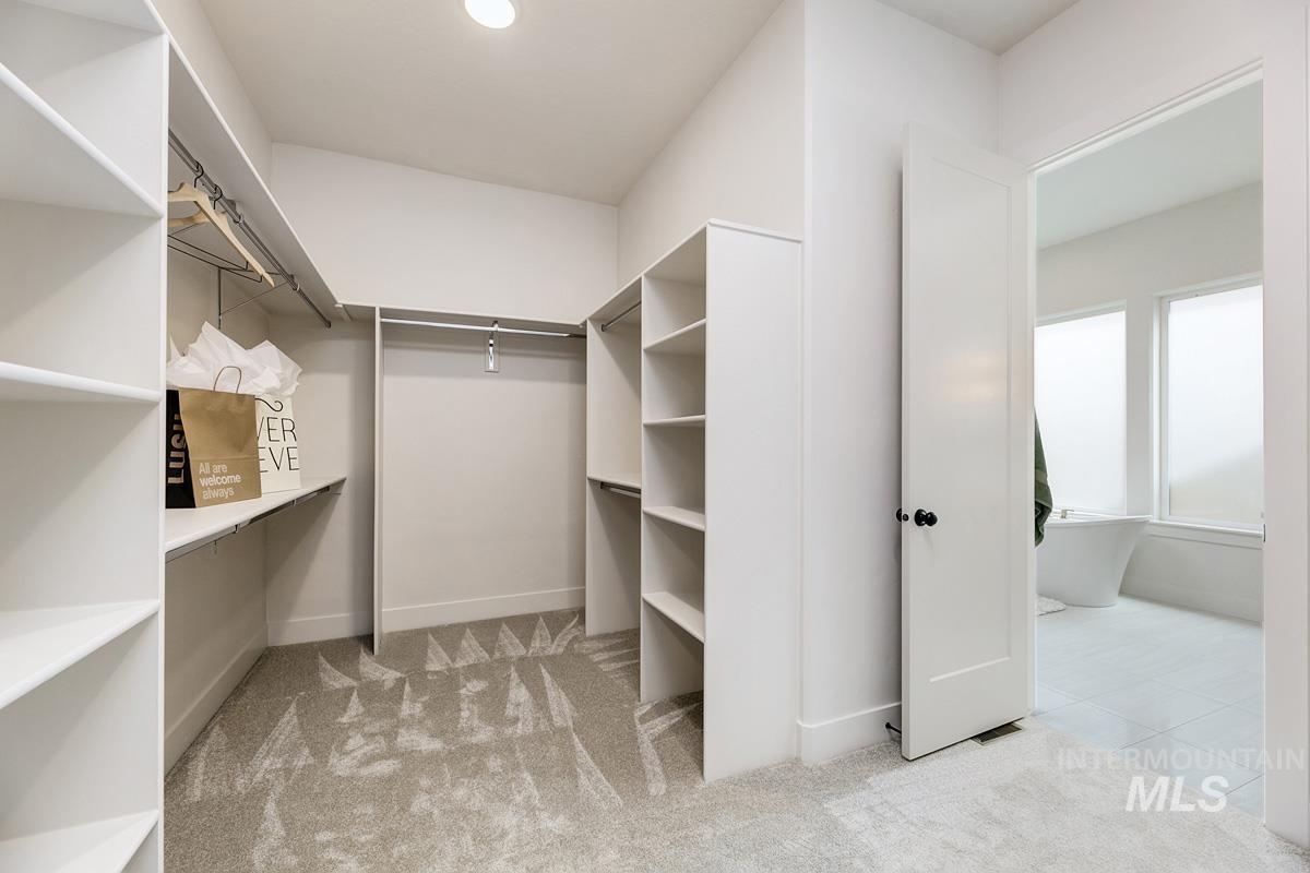 Spacious closet featuring light colored carpet