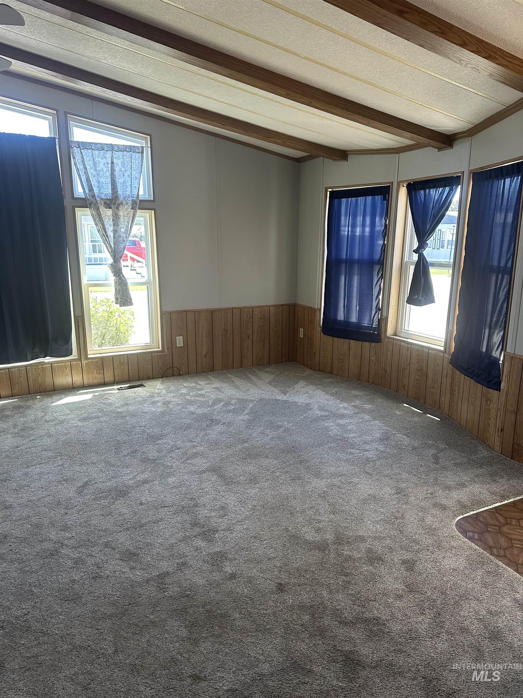 Unfurnished room featuring carpet floors, beamed ceiling, a wainscoted wall, plenty of natural light, and wooden walls