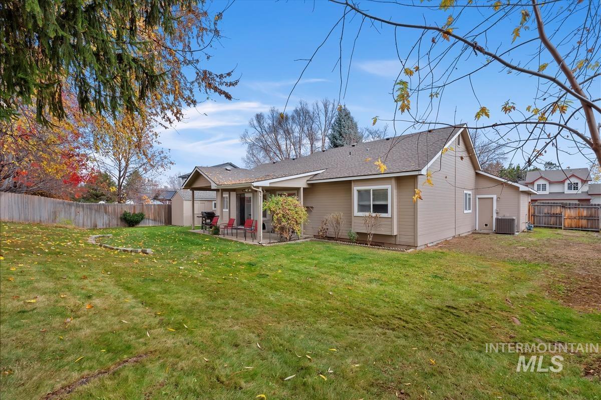 Rear view of house featuring a fenced backyard, a patio area, and a shingled roof