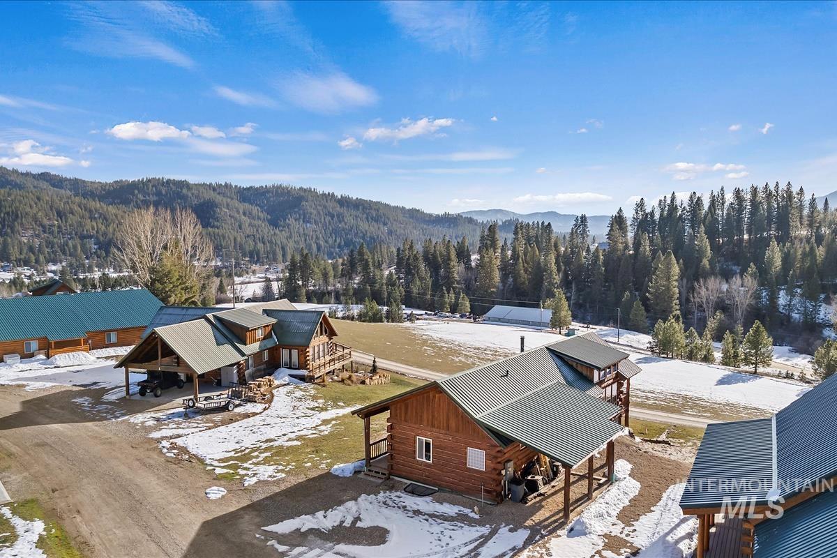Snowy aerial view featuring a mountain view and a view of trees