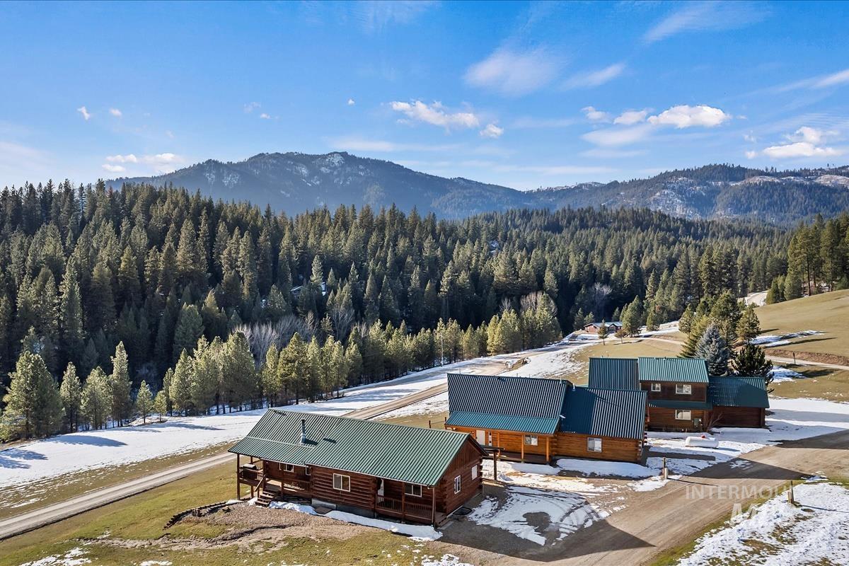 Snowy aerial view featuring a mountain view and a view of trees